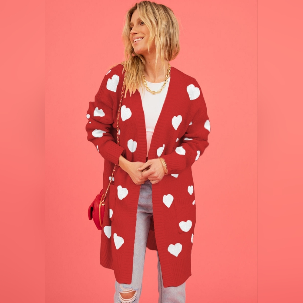 Contrasting Heart Knit Open Front Longline Pocket Sweater Cardigan Valentine - Picture 5 of 9